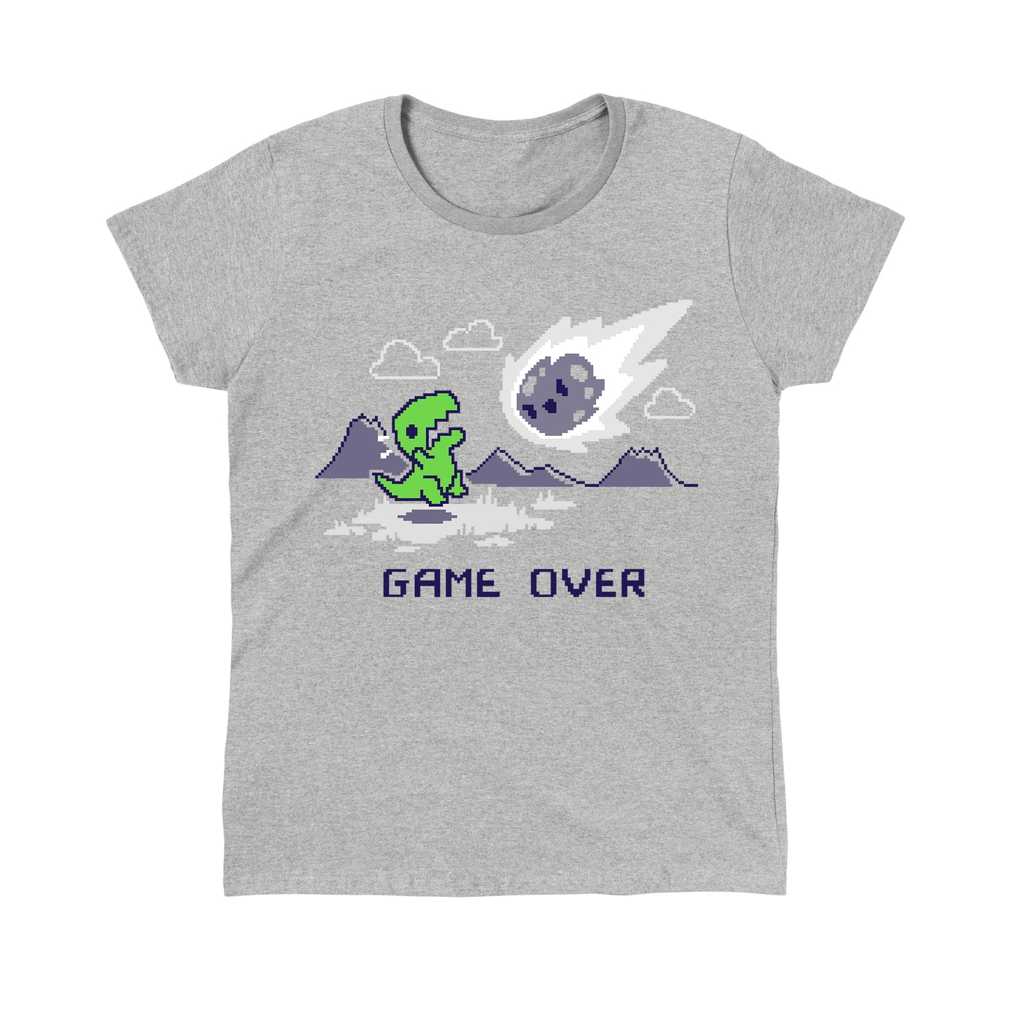 Classic Cotton T-shirt_TeeTurtle Game Over Dinosaur Heather Grey t-shirt featuring Pixel art of a green dinosaur looking at a falling meteor, with mountains in the background