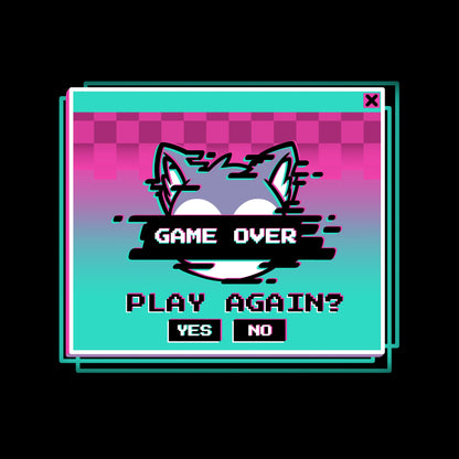 Classic Cotton T-shirt_TeeTurtle Game Over, Play Again? black t-shirt featuring a video game over screen with a wolf asking if you want to play again.