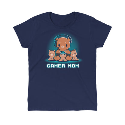 Classic Cotton T-shirt_TeeTurtle Gamer Mom navy blue t-shirt featuring a mama bear playing video games surrounded by her cubs.