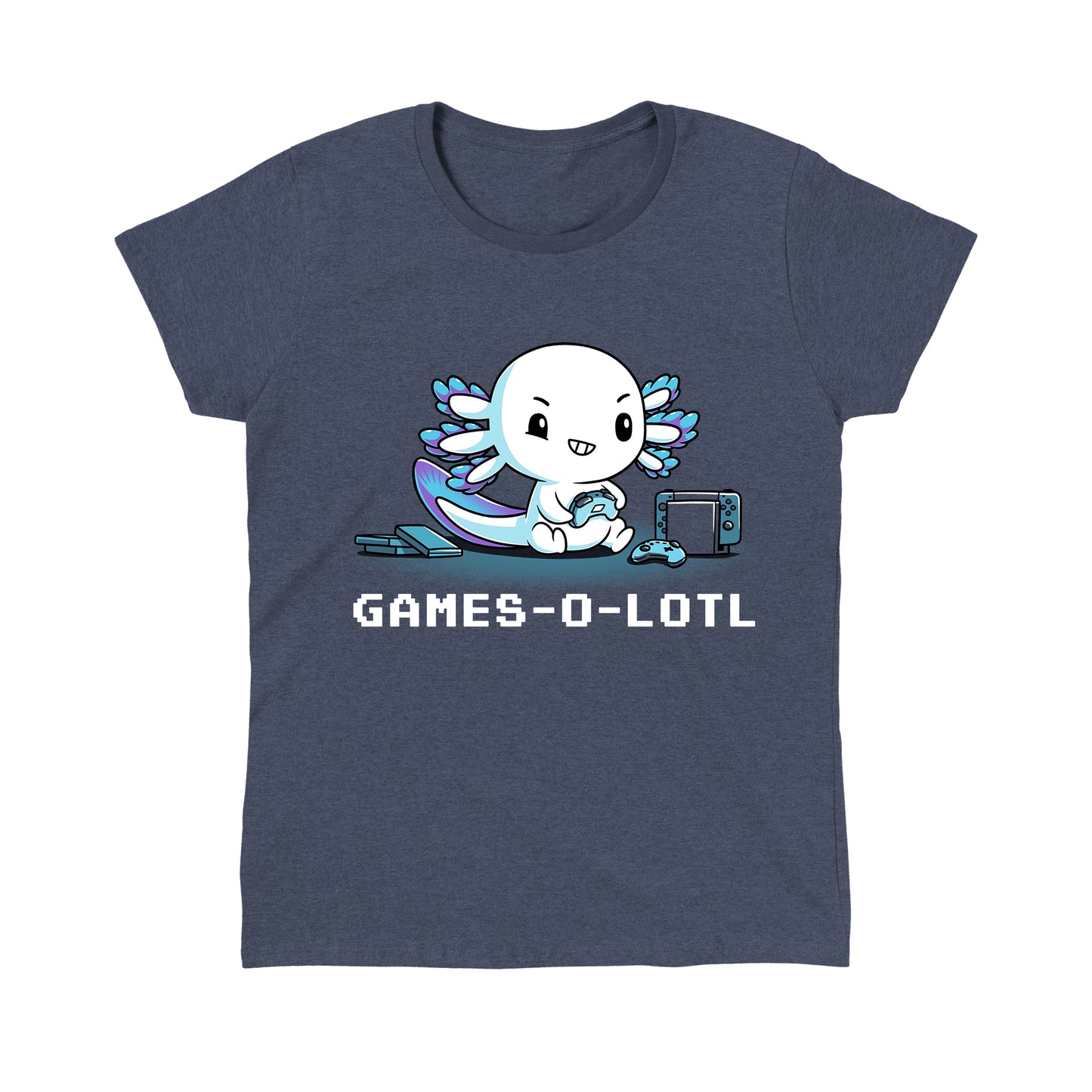 Classic Cotton T-shirt_Teeturtle Games-O-Lotl heather navy blue t-shirt featuring an axolotl playing video games with consoles and controllers around.