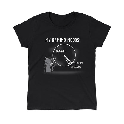 Classic Cotton T-shirt_Teeturtle Gaming Moods black t-shirt featuring a gray-furred cat with a pointing stick pointing to a pie chart that is mostly 'RAGE' with 'Happy' and 'Anxious' as much smaller parts of the chart and 'My Gaming Moods:' written above.