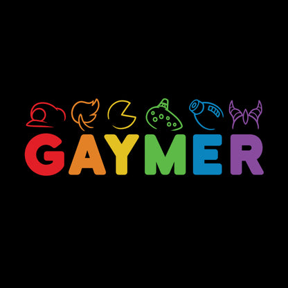 Pullover Hoodie_TeeTurtle black Gaymer. Featuring rainbow text spelling out, "Gaymer" with video game elements on top.