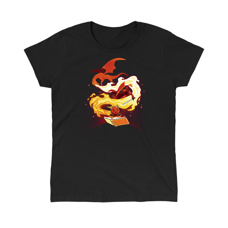 Classic Cotton T-shirt_TeeTurtle Get Lost black t-shirt featuring a red knight trying to slay a red, fire breathing dragon overhead that is spewing a spiraling flame, with a smaller red dragon holding a book smiling at the bottom.