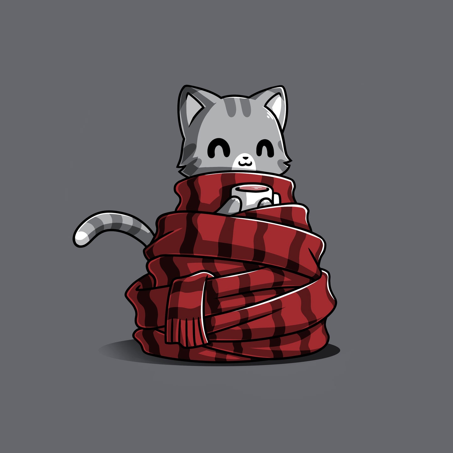 Classic Cotton T-shirt_TeeTurtle Get Cozy charcoal gray t-shirt featuring a smiley cat all wrapped up in a cozy scarf holding a mug.