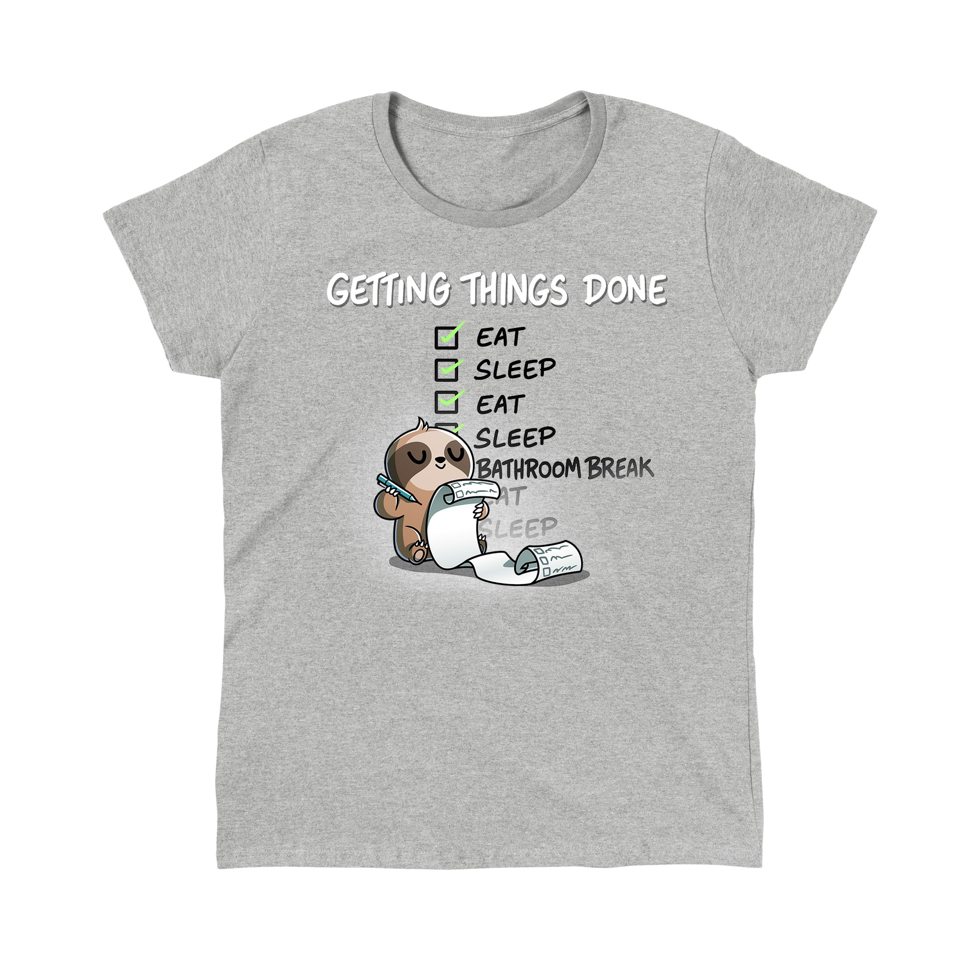 Classic Cotton T-shirt_TeeTurtle heather gray Getting Things Done apparel featuring a sloth checking off items on a list, such as eat, sleep, eat, sleep, bathroom break.