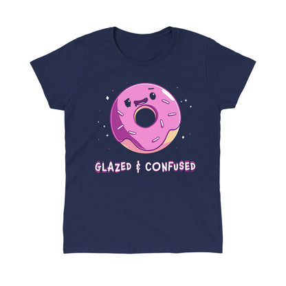 Classic Cotton T-shirt_TeeTurtle Glazed and Confused navy blue t-shirt featuring a pink frosted donut with a smiling face.