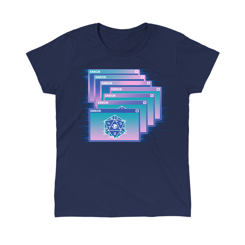 Classic Cotton T-shirt_TeeTurtle GlitchWave D20 navy blue t-shirt featuring a series of overlapping error messages with a vaporwave gradient background, featuring an icon of a 20-sided die displaying numbers and a skull symbol.