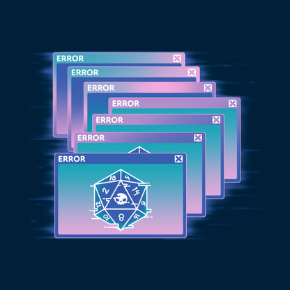 Crew Neck Sweatshirt_TeeTurtle navy blue GlitchWave D20 featuring a series of overlapping error messages with a vaporwave gradient background, featuring an icon of a 20-sided die displaying numbers and a skull symbol.