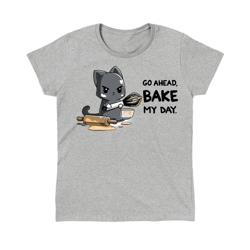 Classic Cotton T-shirt_TeeTurtle Go Ahead Bake My Day Heather Gray t-shirt featuring An angry cartoon cat holding a whisk and covered in dough stands next to a messy rolling pin and bowl with the text "Go Ahead, Bake My Day"