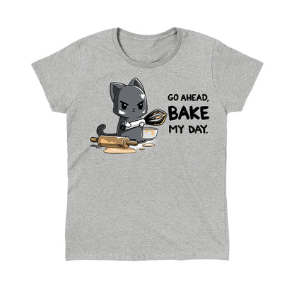 Classic Cotton T-shirt_TeeTurtle Go Ahead Bake My Day Heather Gray t-shirt featuring An angry cartoon cat holding a whisk and covered in dough stands next to a messy rolling pin and bowl with the text "Go Ahead, Bake My Day"