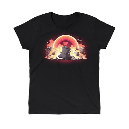 Classic Cotton T-shirt_TeeTurtle black Godzilla's Happy Place apparel featuring a happy Godzilla rampaging through collapsing and exploding buildings, with a rainbow that has a heart in the center in the sky.