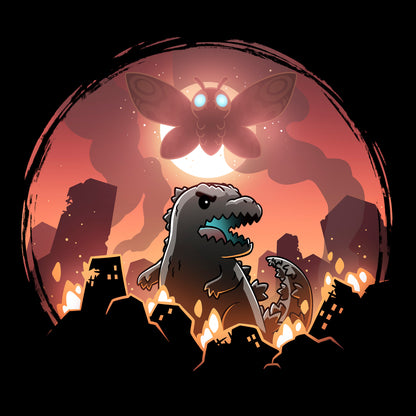 Crew Neck Sweatshirt_TeeTurtle black Godzilla and Mothra Rampage apparel featuring Godzilla rampaging around a burning city with Mothra floating in the sky in front of a full moon.
