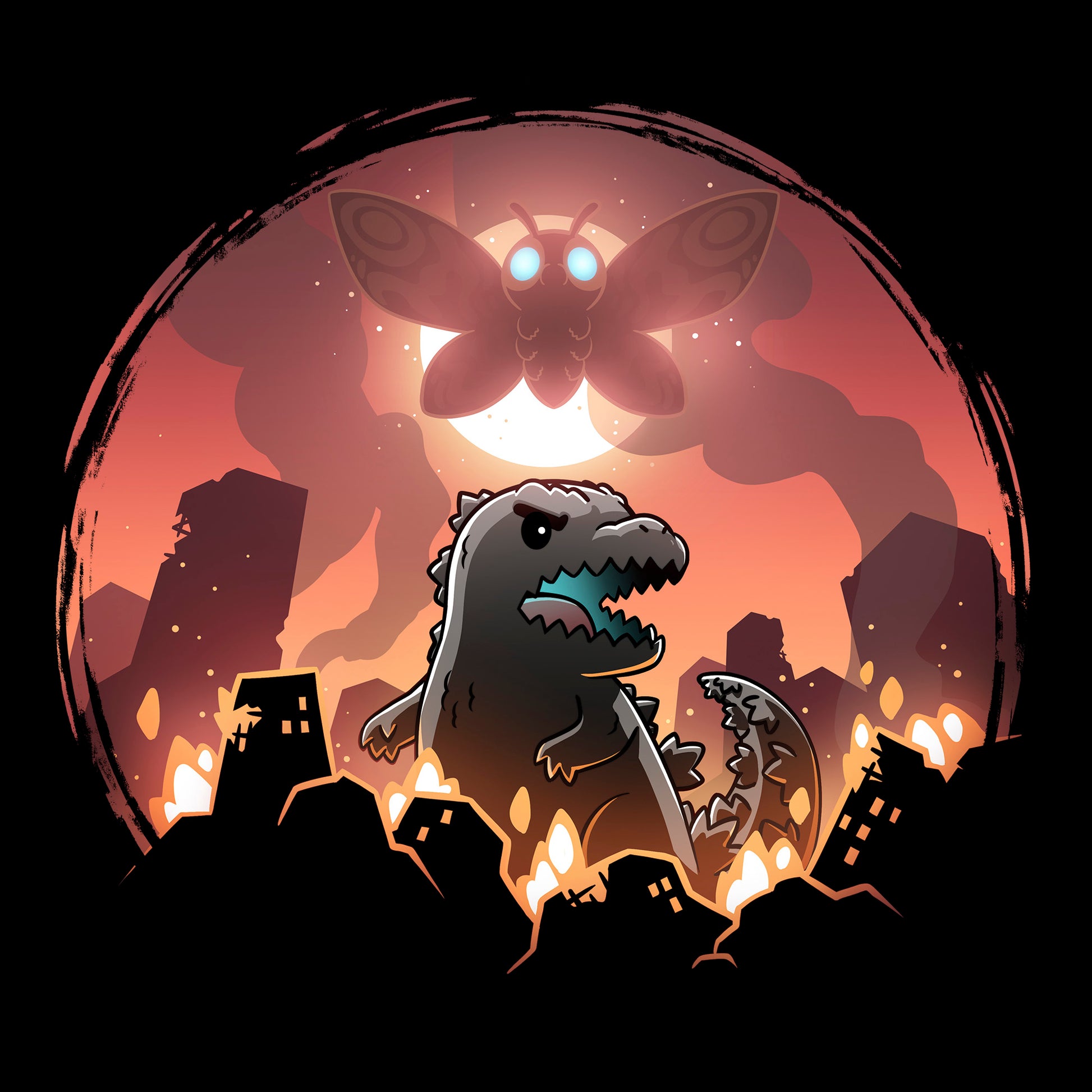 Classic Cotton T-shirt_TeeTurtle black Godzilla and Mothra Rampage apparel featuring Godzilla rampaging around a burning city with Mothra floating in the sky in front of a full moon.