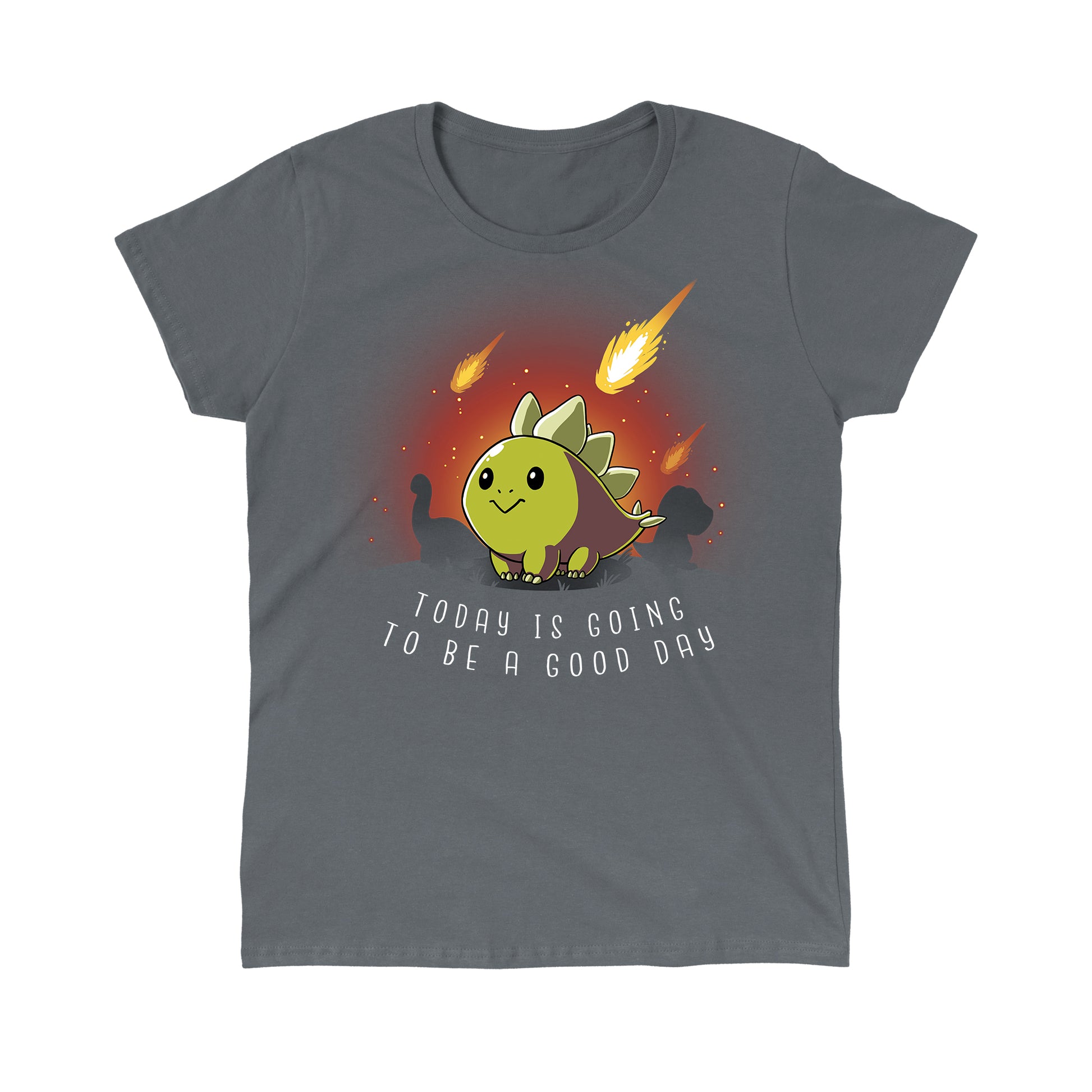 Classic Cotton T-shirt_TeeTurtle charcoal gray Good Day. Featuring an optimistic stegosaurus surrounded by falling apocalyptic meteors.