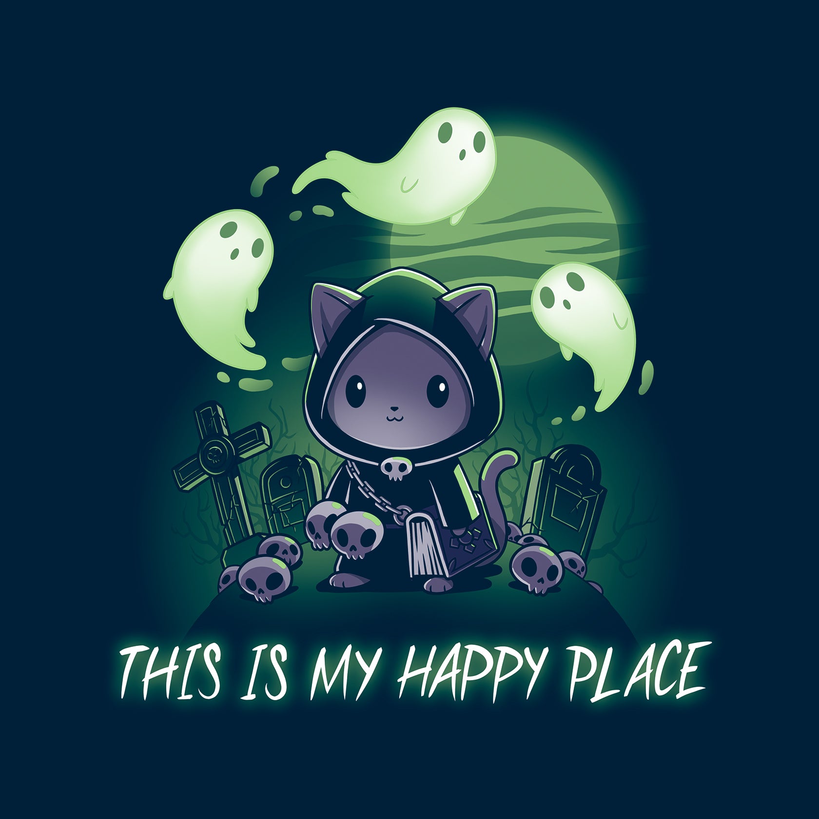 Classic Cotton T-shirt_TeeTurtle Graveyards are My Happy Place navy blue t-shirt featuring an illustration of a cat wearing a black, hooded cape and holding a book standing in a graveyard surrounded by skulls and tombs with ghosts floating above. "THIS IS MY HAPPY PLACE" is written below the illustration.