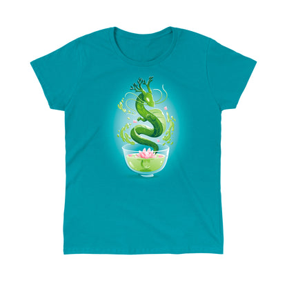 Classic Cotton T-shirt_TeeTurtle Green Tea Dragon Tropical Blue t-shirt featuring an artistic green dragon with leaf details coming out of a cup of green tea with lotus flowers inside.