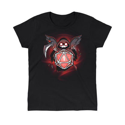 Classic Cotton T-shirt_TeeTurtle Grim Reaper's Roll black t-shirt featuring a hooded figure with wings and a scythe, holding a red 20-sided dice showing the number 1, surrounded by a dark, swirling background.