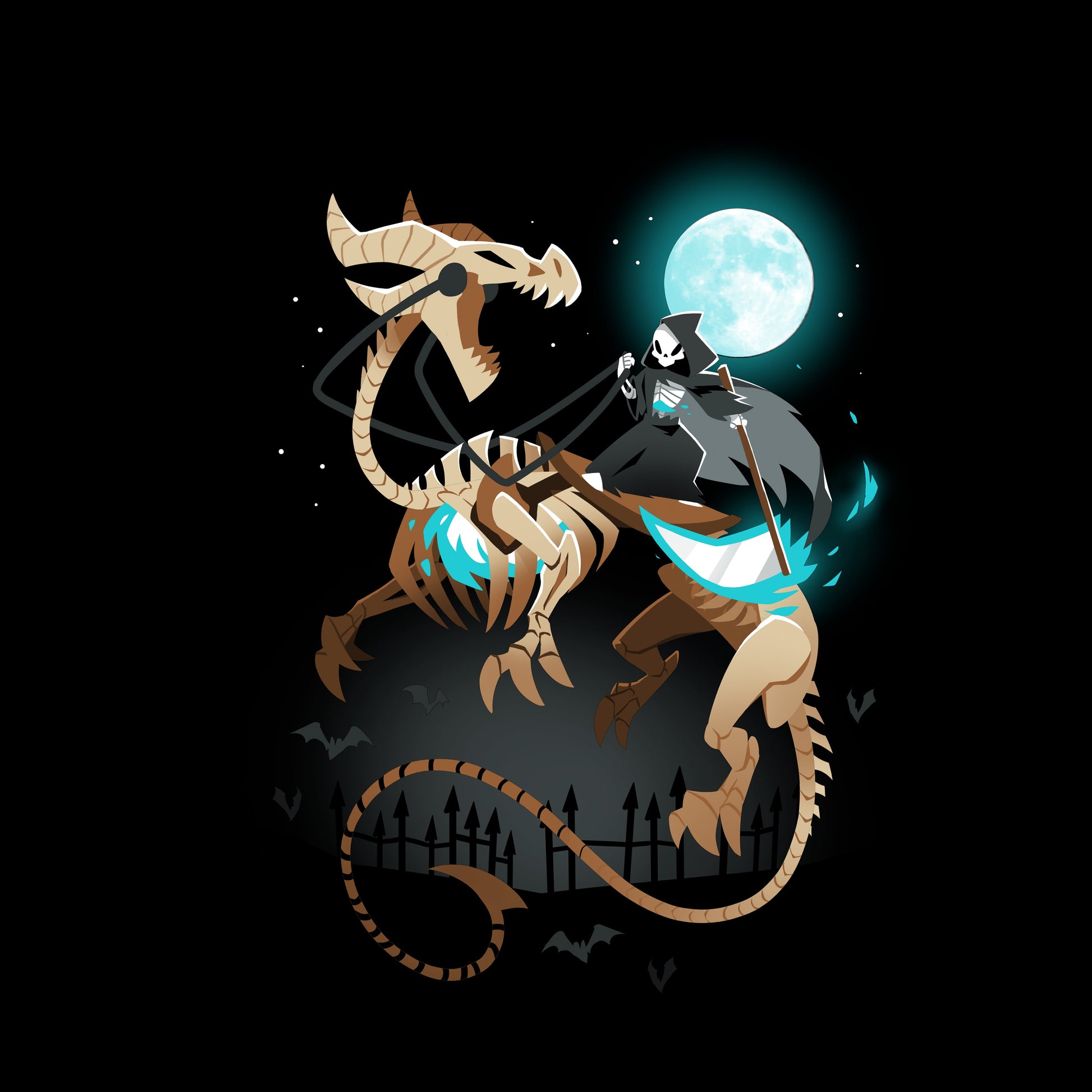 Long Sleeve T-shirt_TeeTurtle Grim Night black t-shirt featuring a grim reaper riding on a skeletal dragon under a spooky full moon.