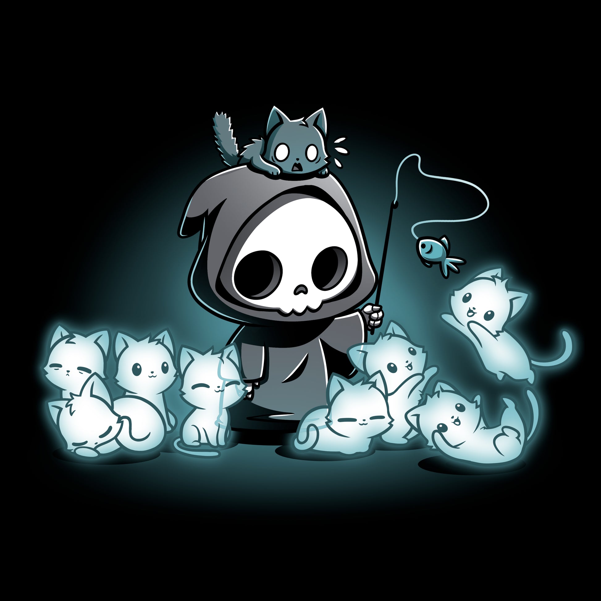 Long Sleeve T-shirt_TeeTurtle Grim and Kitties black t-shirt featuring a hooded skeleton figure, resembling a spooky Grim Reaper, standing surrounded by glowing ghostly cats. One cat is perched on its head while it playfully dangles a toy fish in front of the others.