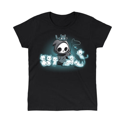 Classic Cotton T-shirt_TeeTurtle Grim and Kitties black t-shirt featuring a hooded skeleton figure, resembling a spooky Grim Reaper, standing surrounded by glowing ghostly cats. One cat is perched on its head while it playfully dangles a toy fish in front of the others.