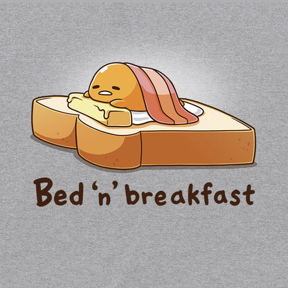 Crew Neck Sweatshirt_TeeTurtle heather gray Bed 'n' Breakfast (Gudetama) apparel featuring Gudetama using a piece of toast as a bed, a slice of butter as a pillow, and bacon as a blanket.