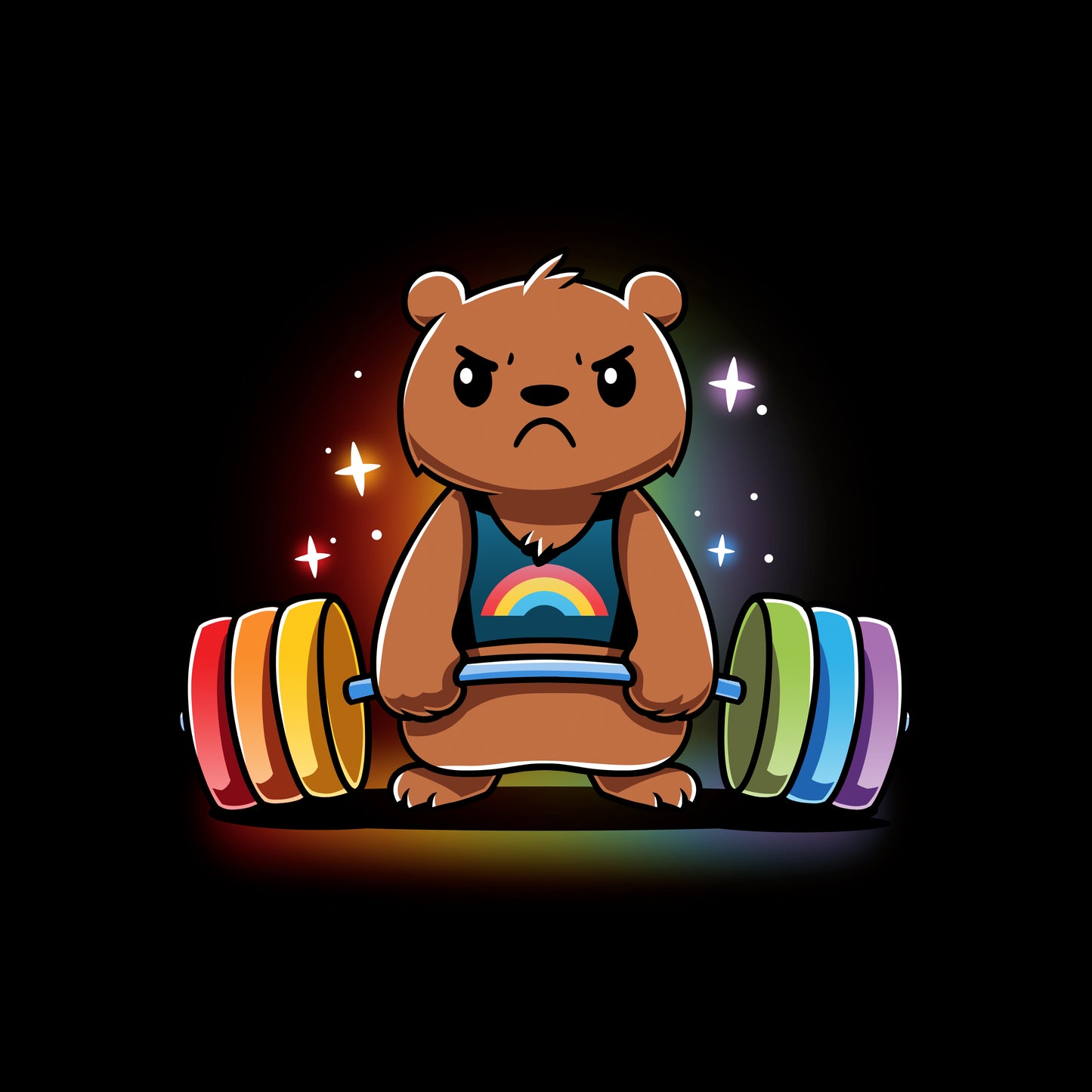 Classic Cotton T-shirt_TeeTurtle Gym Bear black t-shirt featuring a bear in a rainbow tank top lifting a colorful barbell against a dark background with star-like sparkles.