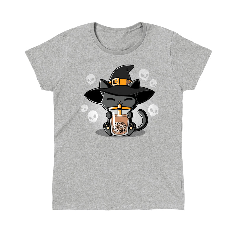 Classic Cotton T-shirt_TeeTurtle sport gray Halloween Boba Cat. Featuring a cat with a witch hat sipping on drinking skull-shaped bubble tea.