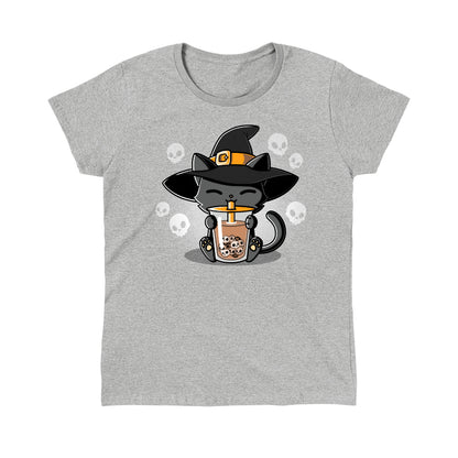 Classic Cotton T-shirt_TeeTurtle sport gray Halloween Boba Cat. Featuring a cat with a witch hat sipping on drinking skull-shaped bubble tea.