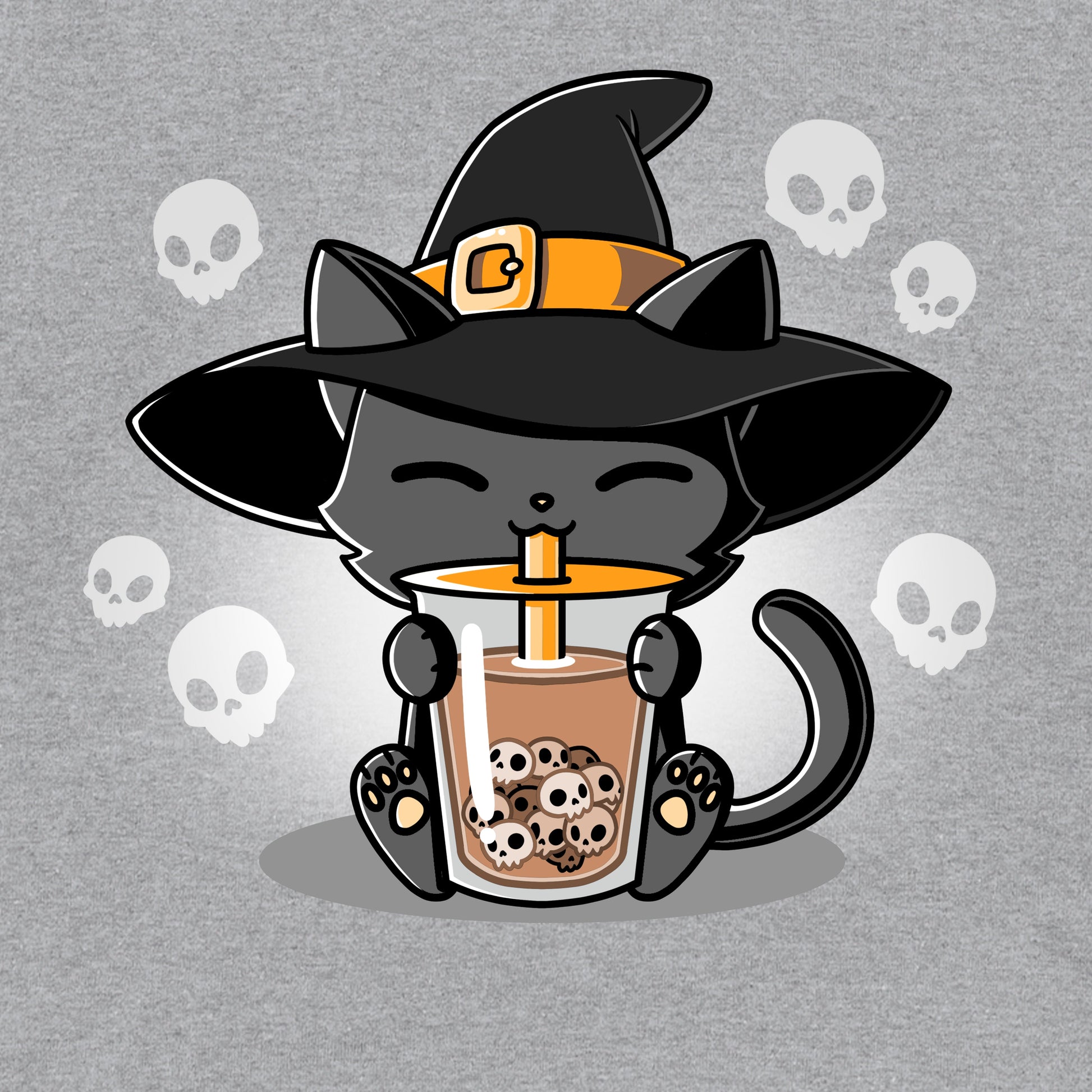 Crew Neck Sweatshirt_TeeTurtle sport gray Halloween Boba Cat. Featuring a cat with a witch hat sipping on drinking skull-shaped bubble tea.