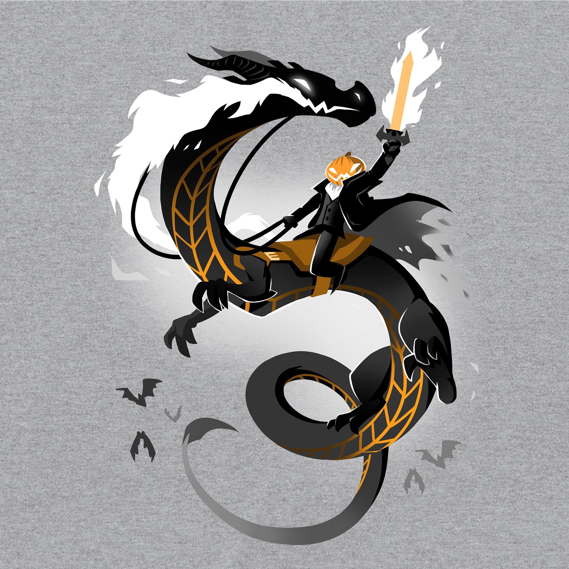 Classic Cotton T-shirt_TeeTurtle Halloween Knight heather gray t-shirt featuring a Jack-O-Lantern headed man riding a Halloween knight dragon.