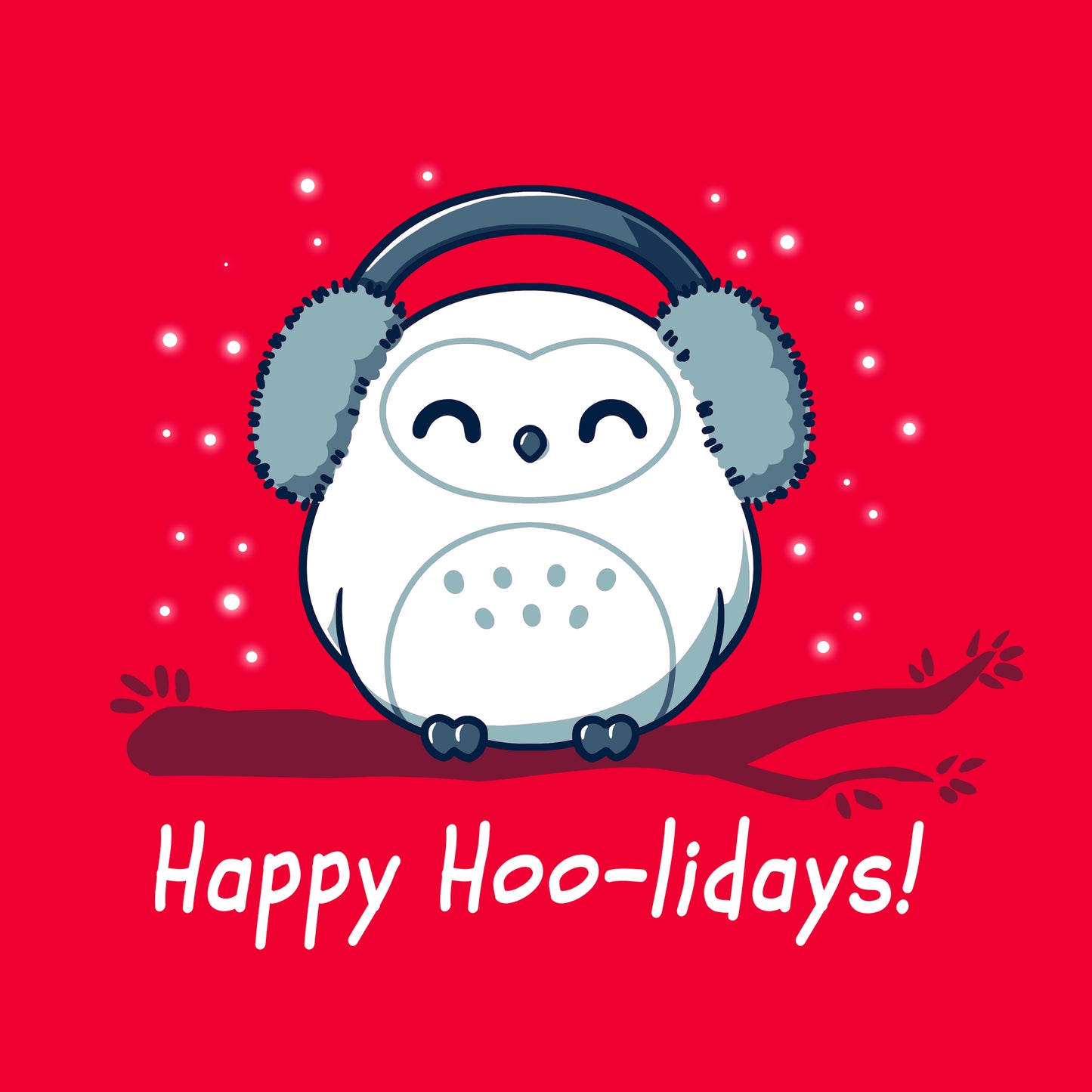 Classic Cotton T-shirt_TeeTurtle Happy Hoo-lidays red t-shirt featuring a cheerful snowy owl wearing earmuffs and sitting on a branch surrounded by falling snow.