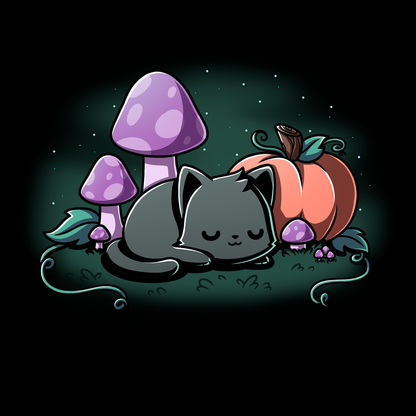 Classic Cotton T-shirt_TeeTurtle black Harvest Haze apparel featuring a black cat sleeping among a pumpkin and purple mushrooms.