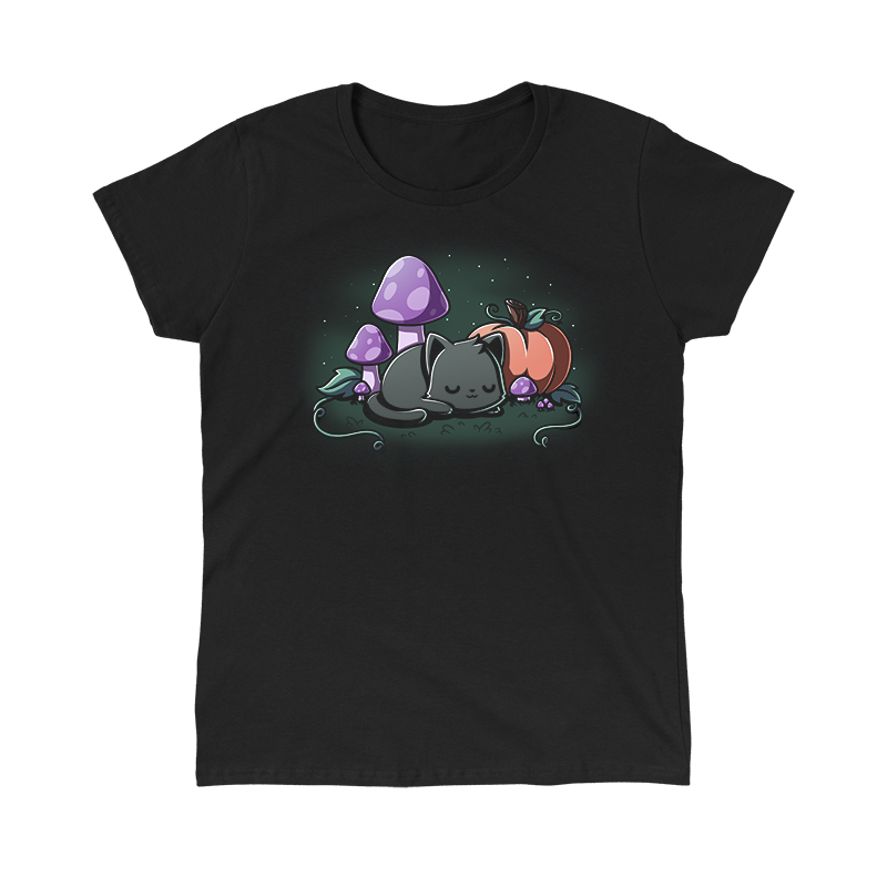 Classic Cotton T-shirt_TeeTurtle black Harvest Haze apparel featuring a black cat sleeping among a pumpkin and purple mushrooms.