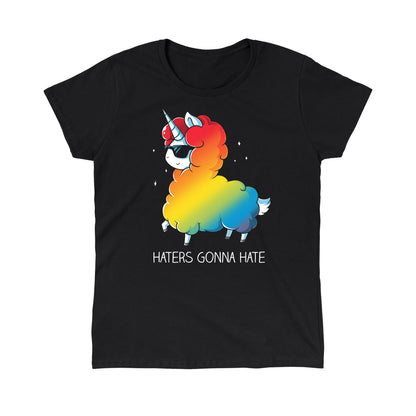 Classic Cotton T-shirt_Teeturtle Haters Gonna Hate black t-shirt featuring a llama-unicorn with a rainbow-colored fluffy body wearing sunglasses, walking confidently with the text "Haters Gonna Hate" below.