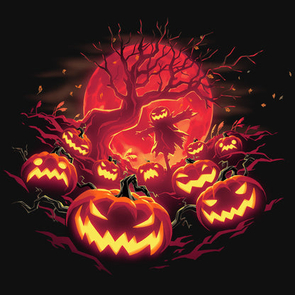 Classic Cotton T-shirt_TeeTurtle Haunted Pumpkin Patch black t-shirt featuring an illustration of glowing, orange-red jack-o-lanterns that show various expressions, such as mischievous grins and sinister scowls that surround a barren skeletal tree that reaches up out from the fiery full moon's edge.  A scarecrow with a jack-o-lantern head stands in the center of the image below the branches amongst the pumpkins.