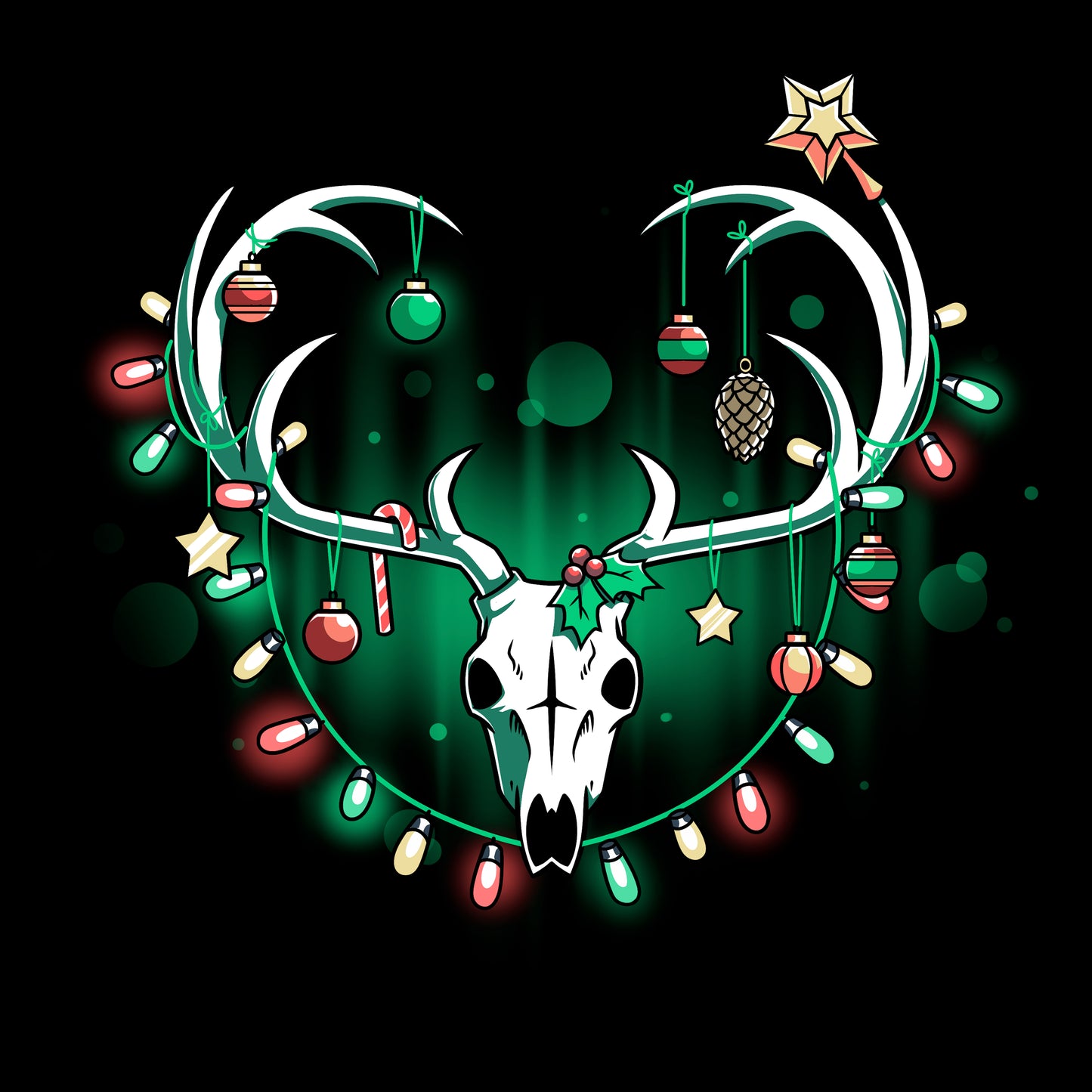 Classic Cotton T-shirt_TeeTurtle Haunting Holidays black t-shirt featuring an illustration of a white skull deer with its antlers decorated with red, yellow and green Christmas lights and ornaments such as small spheres, stars, pinecones, and candy canes.