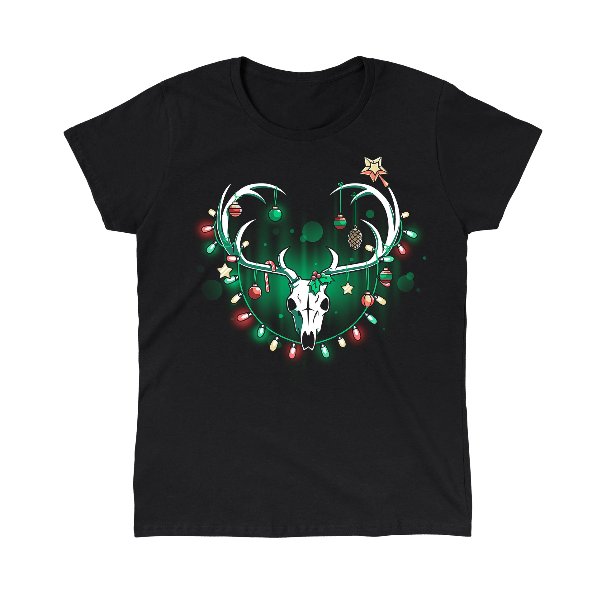 Classic Cotton T-shirt_TeeTurtle Haunting Holidays black t-shirt featuring an illustration of a white skull deer with its antlers decorated with red, yellow and green Christmas lights and ornaments such as small spheres, stars, pinecones, and candy canes.