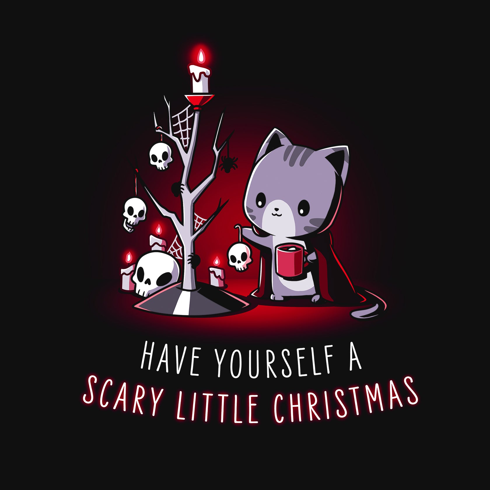 Classic Cotton T-shirt_TeeTurtle Have Yourself a Scary Little Christmas black t-shirt featuring an illustration of a gray cat holding a red coffee mug and wearing a red cape hanging skulls on a dead tree full of white skulls and spider webs and black spiders and lit white candles. "HAVE YOURSELF A SCARY LITTLE CHRISTMAS" is written underneath.