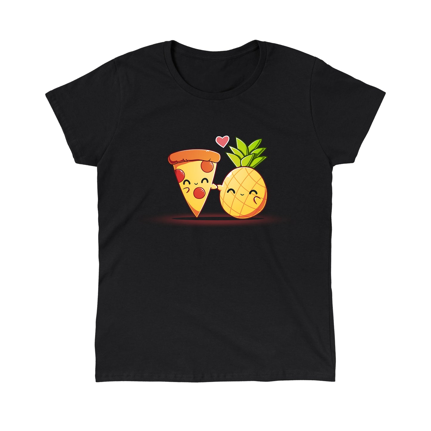 Classic Cotton T-shirt_Teeturtle Hawaiian Pizza black t-shirt featuring a slice of pepperoni pizza and a pineapple, both smiling and holding hands with a heart above them.