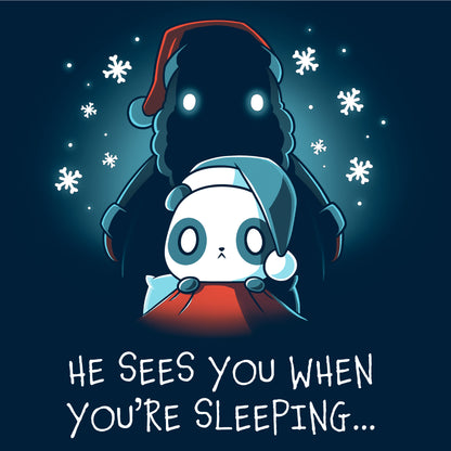 Long Sleeve T-shirt_TeeTurtle He Sees You When You're Sleeping navy blue t-shirt featuring a dark figure wearing a Santa hat with glowing eyes standing behind a worried-looking panda in bed also wearing a Santa hat. The shirt reads "He Sees You When You're Sleeping...".