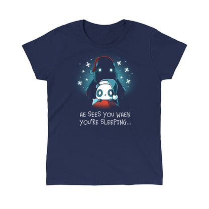 Classic Cotton T-shirt_TeeTurtle He Sees You When You're Sleeping navy blue t-shirt featuring a dark figure wearing a Santa hat with glowing eyes standing behind a worried-looking panda in bed also wearing a Santa hat. The shirt reads "He Sees You When You're Sleeping...".