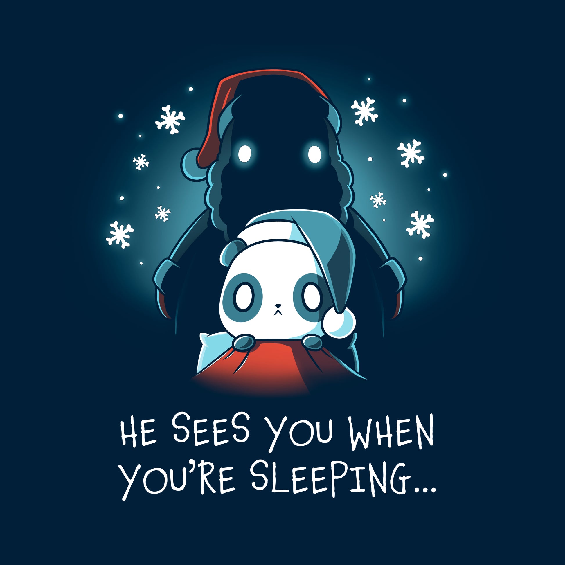 Classic Cotton T-shirt_TeeTurtle He Sees You When You're Sleeping navy blue t-shirt featuring a dark figure wearing a Santa hat with glowing eyes standing behind a worried-looking panda in bed also wearing a Santa hat. The shirt reads "He Sees You When You're Sleeping...".