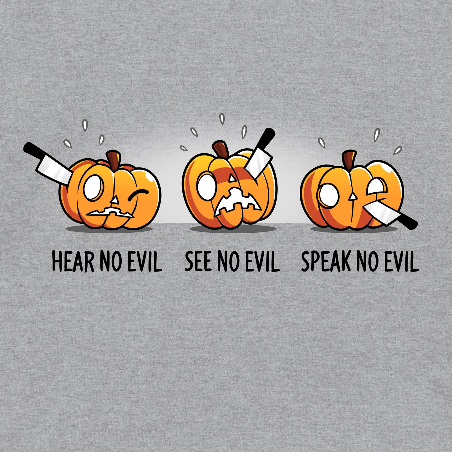 Pullover Hoodie_TeeTurtle Hear No Evil, See No Evil, Speak No Evil sport gray t-shirt featuring three pumpkins with knives in each. One is getting its ears carved, the second is getting its eyes carved, and the third is getting its mouth carved.