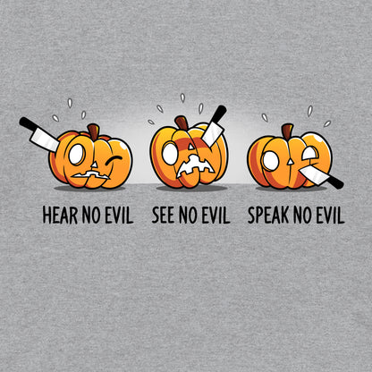 Pullover Hoodie_TeeTurtle Hear No Evil, See No Evil, Speak No Evil sport gray t-shirt featuring three pumpkins with knives in each. One is getting its ears carved, the second is getting its eyes carved, and the third is getting its mouth carved.