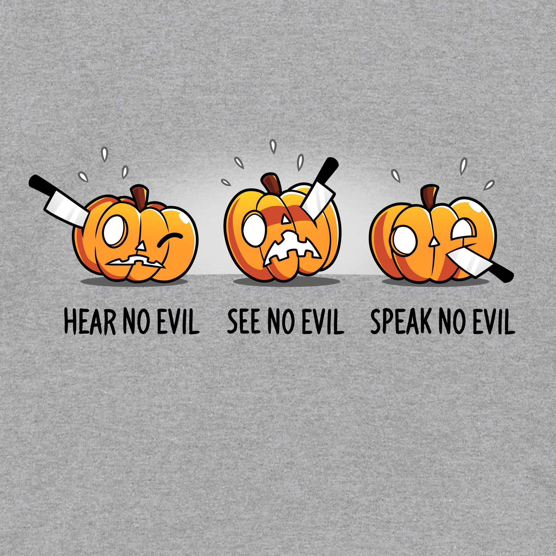 Crew Neck Sweatshirt_TeeTurtle Hear No Evil, See No Evil, Speak No Evil sport gray t-shirt featuring three pumpkins with knives in each. One is getting its ears carved, the second is getting its eyes carved, and the third is getting its mouth carved.