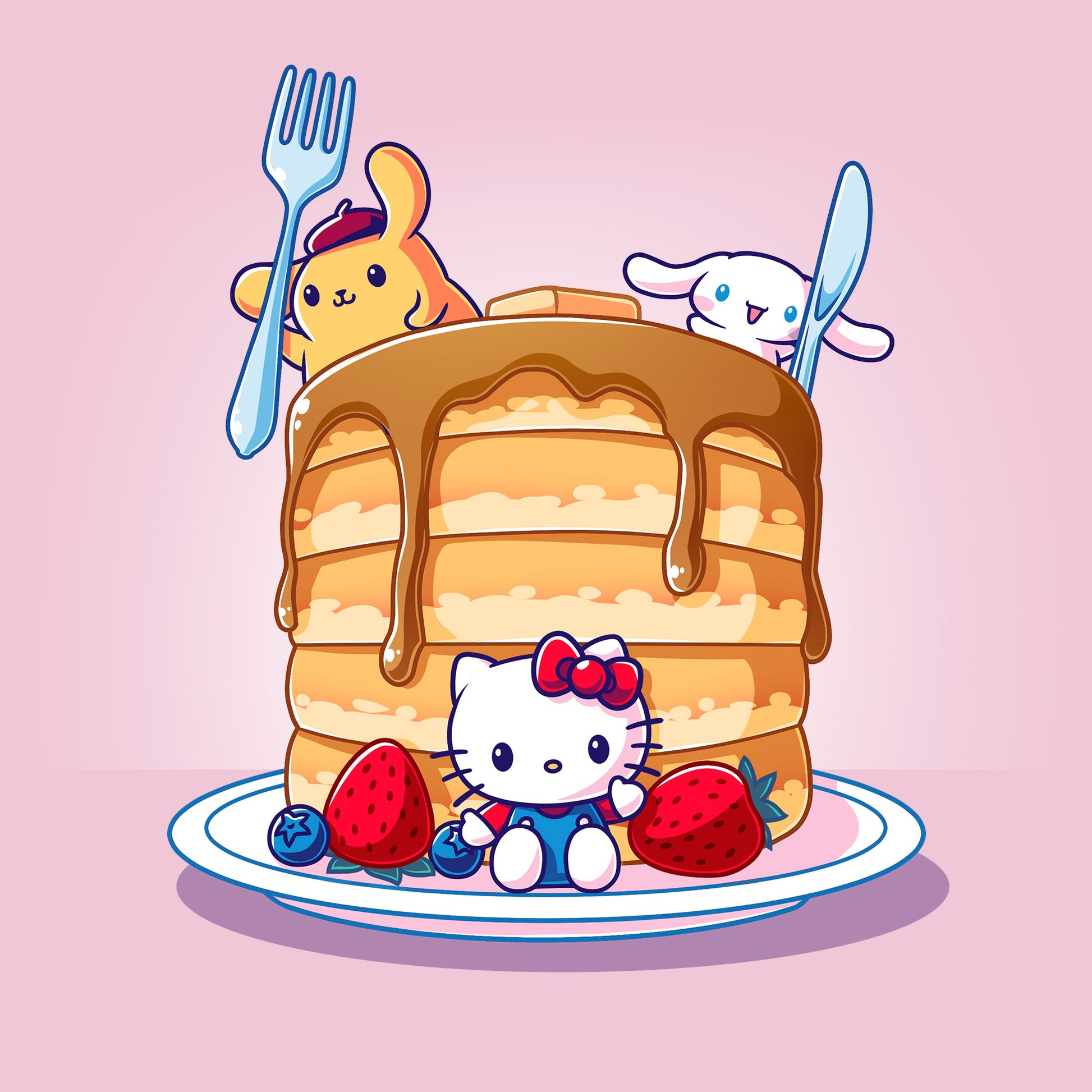 Classic Cotton T-shirt_TeeTurtle light pink Flapjacks and Friends apparel featuring Hello Kitty sitting in the middle of some strawberries and blueberries, Cinnamoroll holding a giant knife, and Pompompurin holding a giant fork with a giant stack of pancakes.