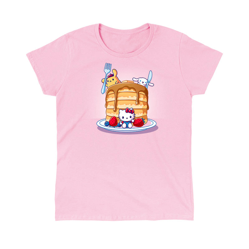 Classic Cotton T-shirt_TeeTurtle light pink Flapjacks and Friends apparel featuring Hello Kitty sitting in the middle of some strawberries and blueberries, Cinnamoroll holding a giant knife, and Pompompurin holding a giant fork with a giant stack of pancakes.