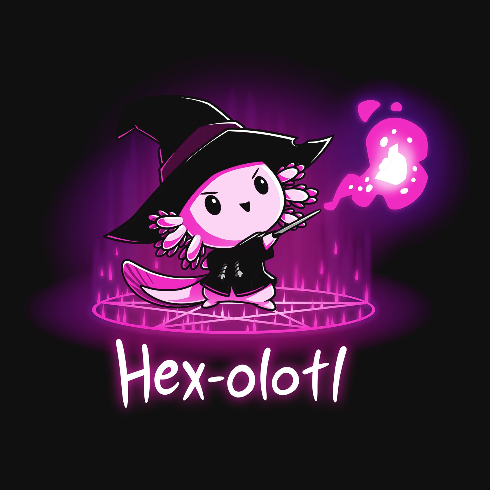 Classic Cotton T-shirt_TeeTurtle Hex-olotl black t-shirt featuring an illustration of a cartoon axolotl witch wearing a black witch's hat and black robe holding a wand and casting a spell with vibrant pink/purple magical energy emanating from the wand while standing on a pentagram with "Hex-olotl" written underneath. The colors within the design are a gradient of deep purple and magenta hues.