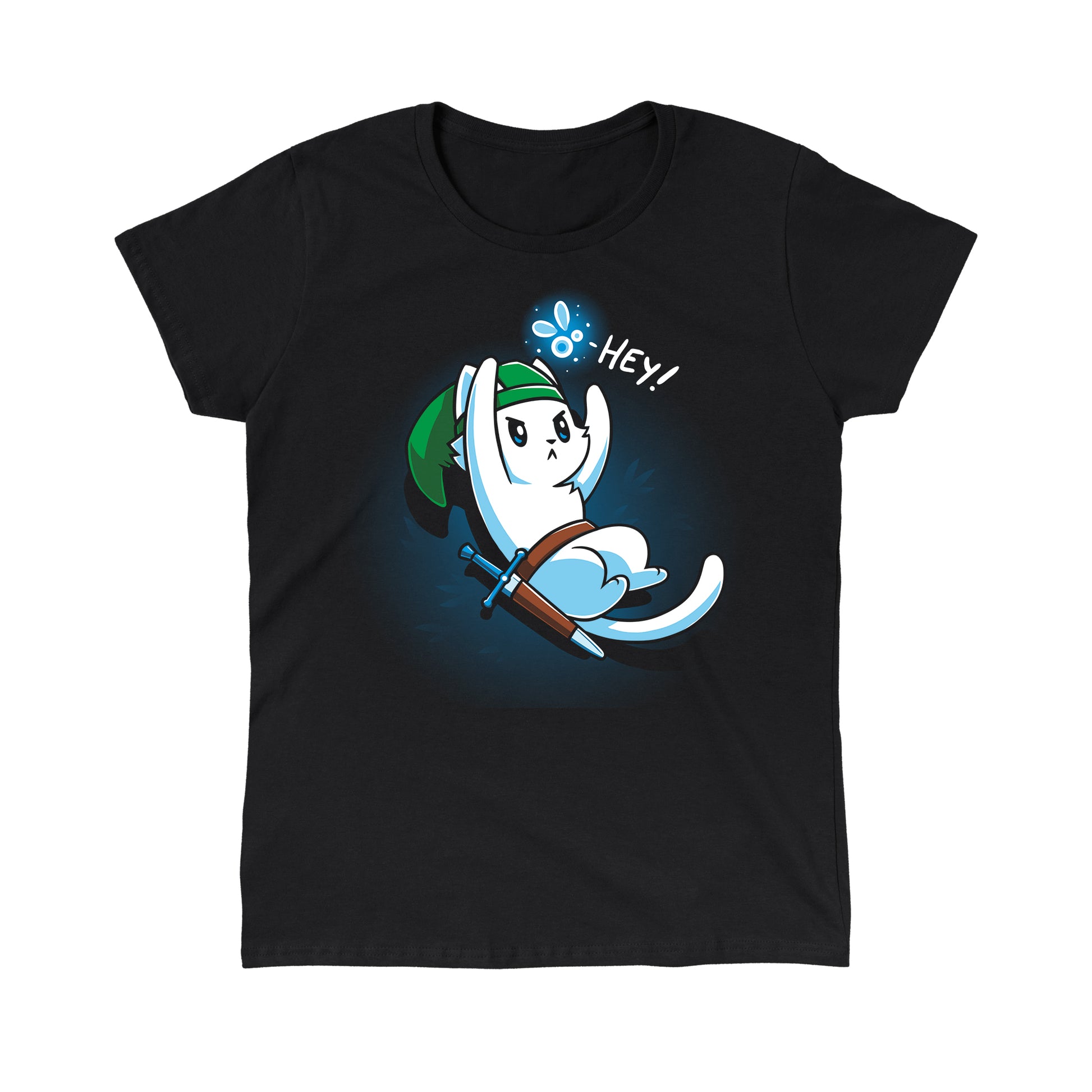 Classic Cotton T-shirt_A cartoon white cat dressed as a warrior with a green hat, holding a sword, looks up on this black monsterdigital apparel. An animated creature above its head says "Hey!" in this super soft ringspun cotton tee.