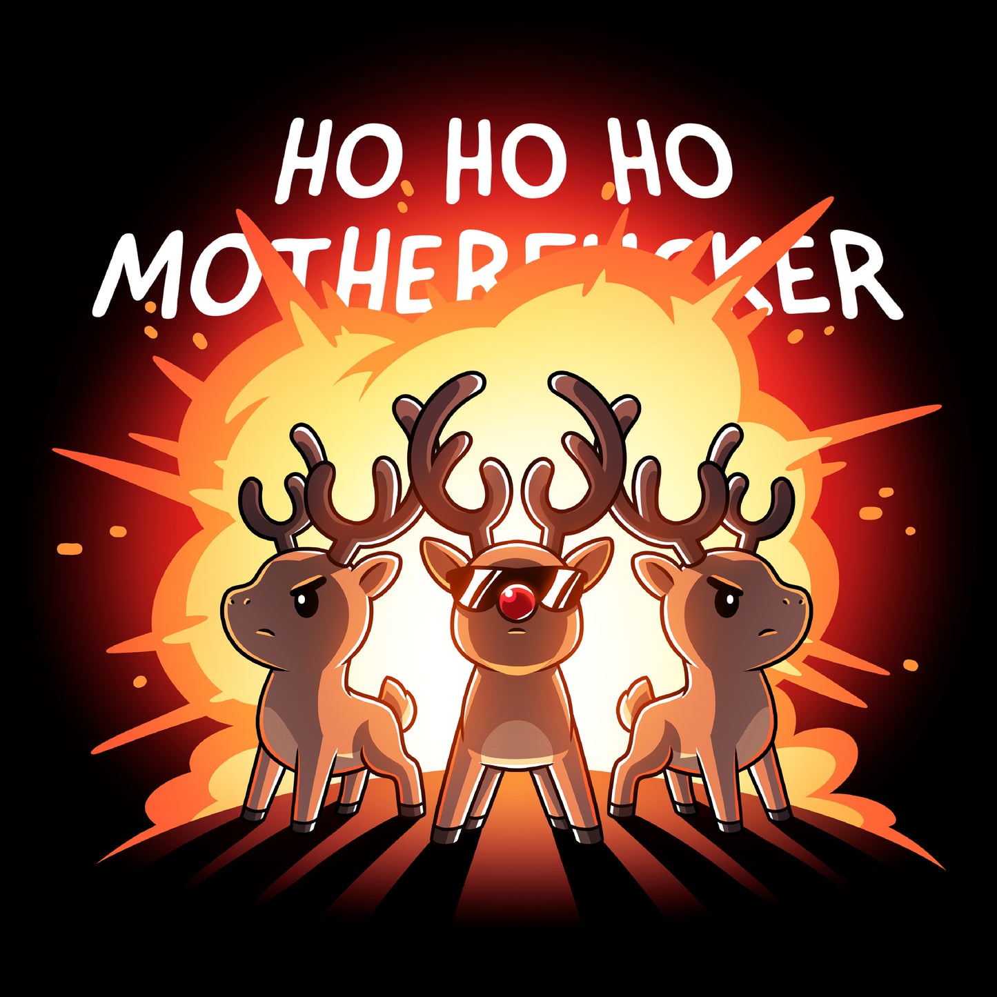 Long Sleeve T-shirt_TeeTurtle black Ho Ho Ho Mother***ker apparel featuring three reindeer with an explosion behind them.